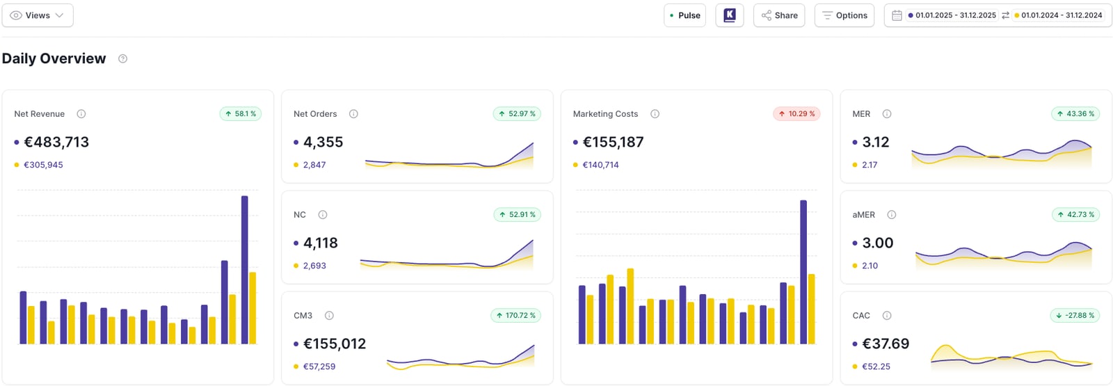 Dashboard mit Jahresvergleich der wichtigsten Performance-KPIs