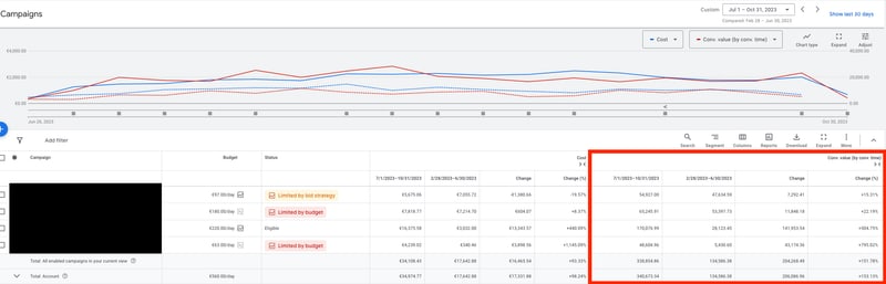 Google Ads Kampagnen-Dashboard mit Kostenverlauf und Conversion-Wert